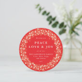 Red Round Sparking Licht Peace Love + Joy Feestdagenkaart (Staand voorkant)