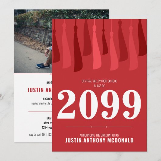 Red Row of Tassels Photo Graduation Invitation (Devant / Derrière)