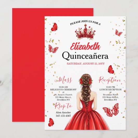 Red Royal Butterfly Quinceañera Invitation (Devant / Derrière)