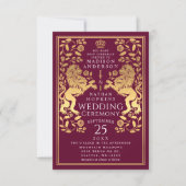 Red Royal Lion Médiéval Faire-part de mariage Or (Devant)