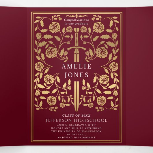 Red Royal Medieval Sword Photo Graduparty Drieluik Uitnodiging (Binnenkant midden)