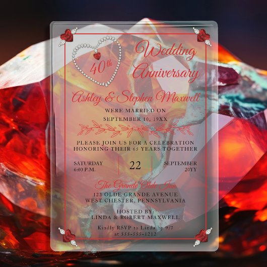 Red Ruby Diamond 40ste bruiloft Jubileum Party Acryl Uitnodigingen