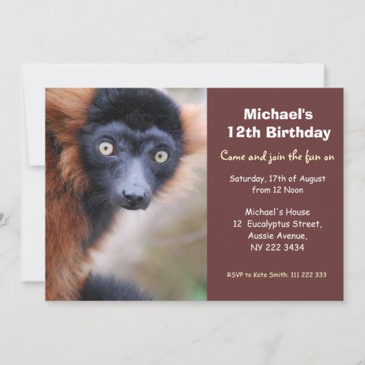 Red Ruffed Lemur Birthday Party Invitation Kaart (Voorkant)