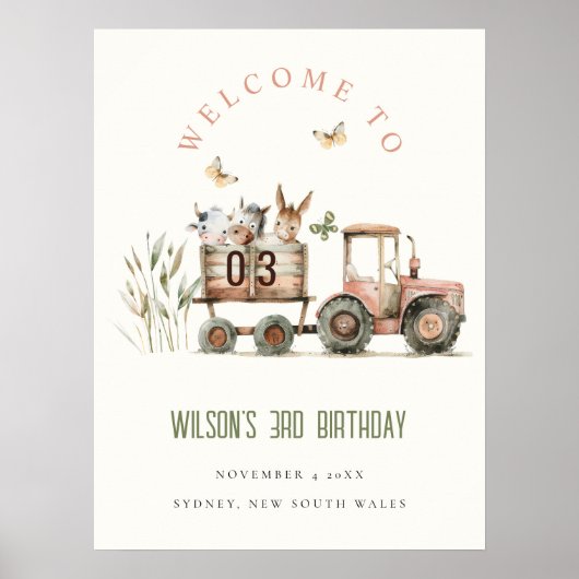 Red Rust Farm Animals Tractor Kind Verjaardag Welk Poster (Voorkant)