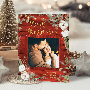 Red Rustic Christmas Winter bloemen en foto's Feestdagen Kaart