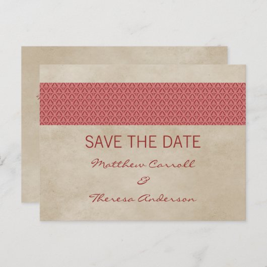 Red Rustic Damask sparen het Briefkaart van de Dat (Voorkant / Achterkant)