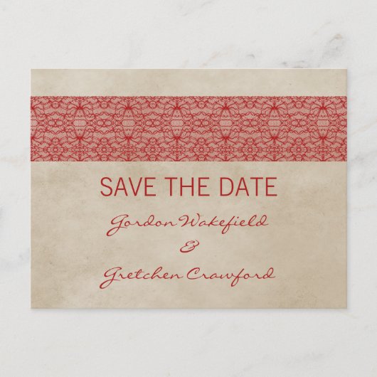 Red Rustic Lace Save the Date Briefkaart (Voorkant)