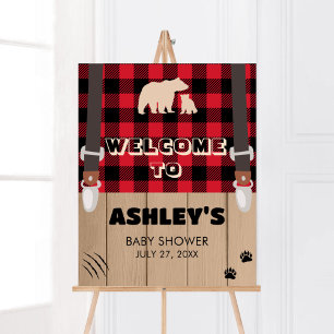 Red Rustic Plaid Lumberjack Baby shower Welkom Poster