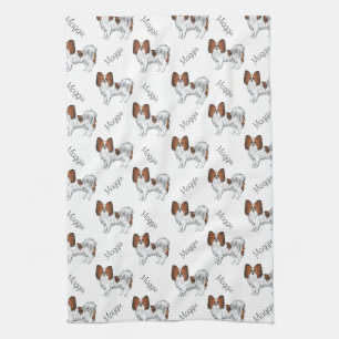 Red Sable Papillon Cartoon Dog Pattern met naam Theedoek