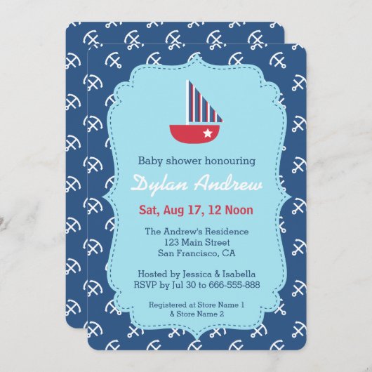 Red Sailboat Nautique invitation à la douche bébé (Devant / Derrière)