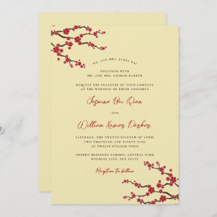 Red Sakura Cherry Blossom Modern Asian Wedding Kaart