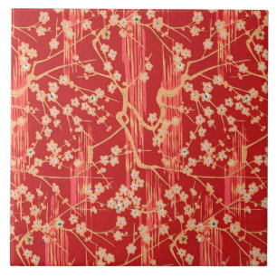 RED SAKURA FLOWERS Antiek Japans Floral Pattern Tegeltje