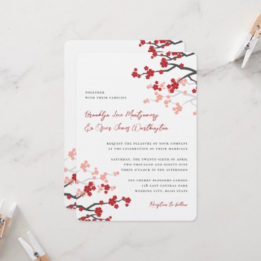 Red Sakura Flowers Cherry Blossom Asian Wedding Kaart (Voorkant / Achterkant in situ)