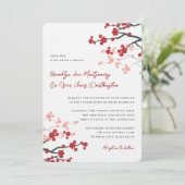 Red Sakura Flowers Cherry Blossom Asian Wedding Kaart (Staand voorkant)