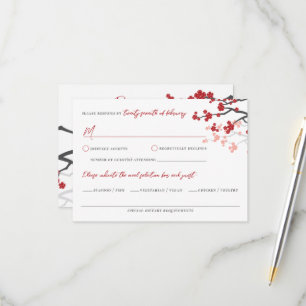 Red Sakura Flowers Cherry Blossom Asian Wedding RSVP Kaartje