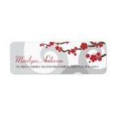 Red Sakura Flowers Cherry Blossom Swirls Weddensch Etiket (Voorkant)