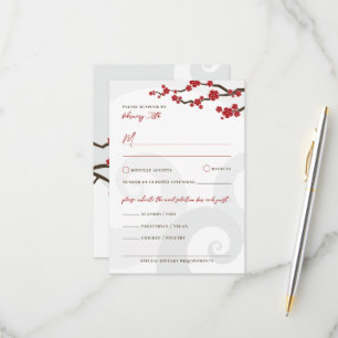 Red Sakura Flowers Cherry Blossom Swirls Weddensch RSVP Kaartje