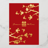 Red Sakura Golden Double Happiness Chinese Wedding Folie Uitnodiging (Voorkant)