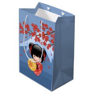Red Sakura Kokeshi Doll - Cute Geisha Girl Blue Medium Cadeauzakje