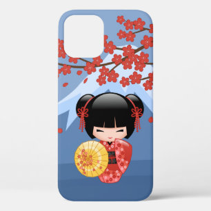 Red Sakura Kokeshi Doll - Cute Geisha Girl iPhone 12 Pro Hoesje