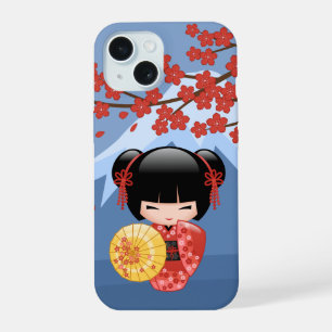 Red Sakura Kokeshi Doll - Cute Geisha Girl iPhone 15 Hoesje