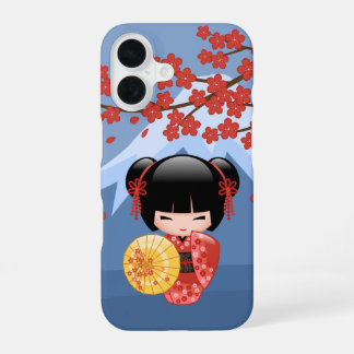 Red Sakura Kokeshi Doll - Cute Geisha Girl iPhone 16 Hoesje
