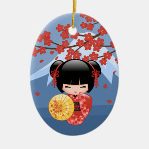 Red Sakura Kokeshi Doll - Cute Geisha Girl Keramisch Ornament