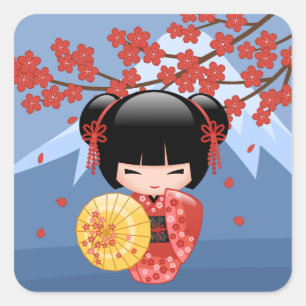 Red Sakura Kokeshi Doll - Cute Geisha Girl Vierkante Sticker
