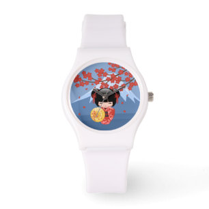 Red Sakura Kokeshi Doll - Japans Geisha Girl Horloge