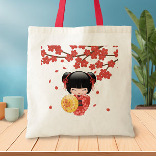 Red Sakura Kokeshi Doll - Japanse Geisha Tote Bag