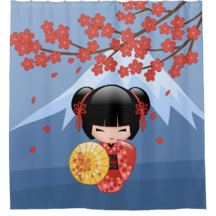Red Sakura Kokeshi Doll Schattige Geisha Girl Blau Douchegordijn