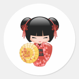 Red Sakura Kokeshi Doll - Stomme Japanse Geisha Ronde Sticker