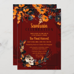Red Samhain Floral Skull Halloween Party Kaart