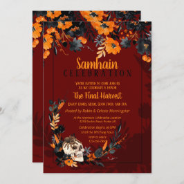 Red Samhain Floral Skull Halloween Party Kaart