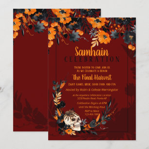 Red Samhain Floral Skull Halloween Party Kaart