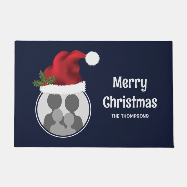 Red Santa Hat aangepaste fotosjabloon op blauw Deurmat (Voorkant)