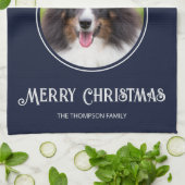 Red Santa Hat aangepaste fotosjabloon op blauw Theedoek (Gevouwen)