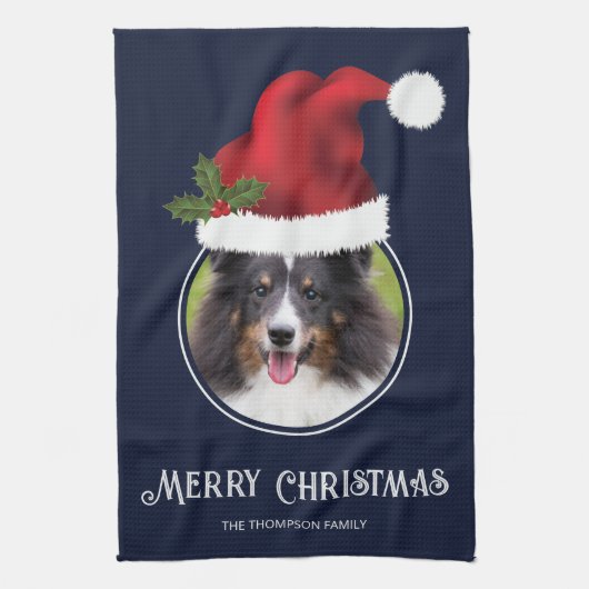 Red Santa Hat aangepaste fotosjabloon op blauw Theedoek (Verticaal)