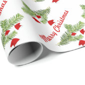 Red Santa Hat Ornaments on Pine Branch Kerstmis Cadeaupapier (Rol Hoek)