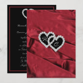 Red Satin en Diamond Hearts Monogram Uitnodiging (Voorkant / Achterkant)