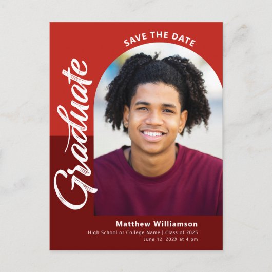 Red Save Date Afstuderen Photo Bold Arch Script Uitnodiging Briefkaart (Voorkant)