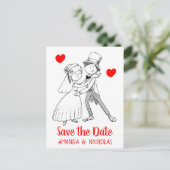 Red Save the Date Wedding Cartoon Bruidegom Briefkaart (Staand voorkant)