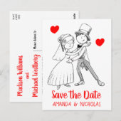 Red Save the Date Wedding Cartoon Bruidegom Briefkaart (Voorkant / Achterkant)