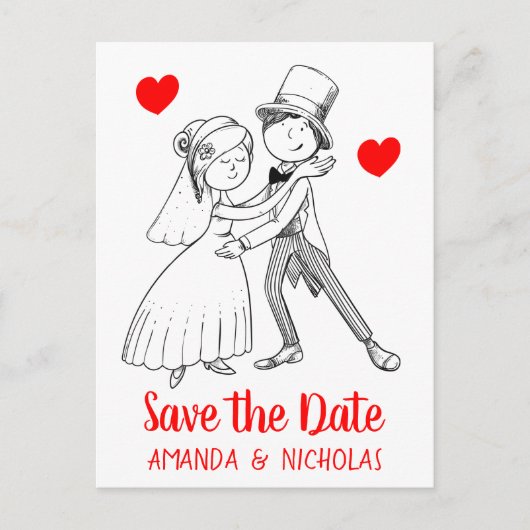 Red Save the Date Wedding Cartoon Bruidegom Briefkaart (Voorkant)