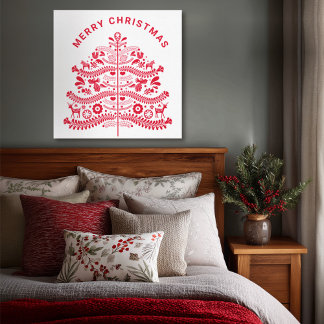 Red Scandinavian Folk Art Christmas Tree Canvas Afdruk