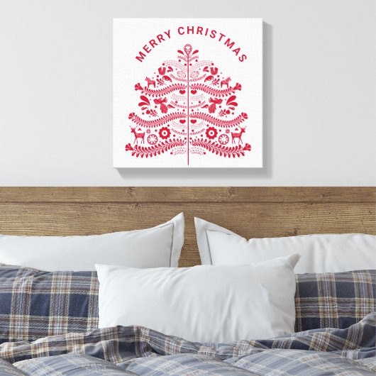 Red Scandinavian Folk Art Christmas Tree Canvas Afdruk (Insitu (Slaapkamer))