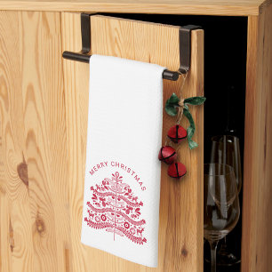 Red Scandinavian Folk Art kerstboom Theedoek