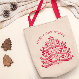 Red Scandinavian Folk Art kerstboom Tote Bag