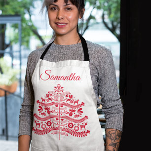 Red Scandinavian Folk Art Scandinadic kerstboom Schort