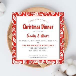 Red Scandinavian Folkart Pattern w Birds Kerstmis Kaart